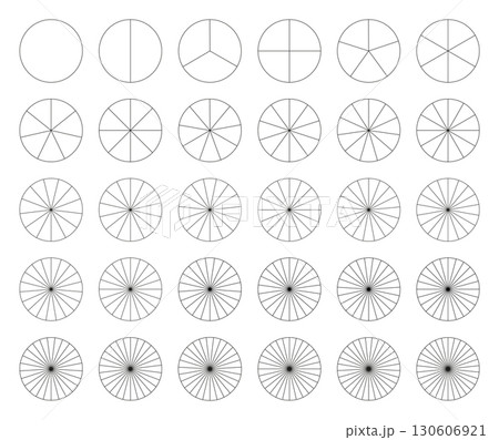 Charts collection. Pie charts. Sectors divide the circle on equal parts. Set of pizza charts. Segments infographic. Diagram wheel parts. Presentation template element from 1 to 30 segments. Vector. 130606921