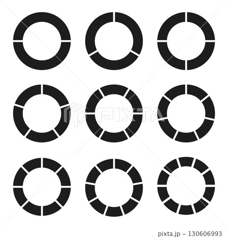 Infographic set. Circle division on equal parts. Wheel round divided diagrams with two, three, four, five, six, seven, eight, nine, ten segments. Coaching blank collection. Vector illustration. Infographic set. Circle division on equal parts. Wheel round divided diagrams with two, three, four, five, six, seven, eight, nine, ten segments. Coaching blank collection. Vector illustration. 130606993