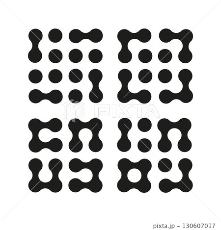 Metaball simple icons. Connected dots vector signs. Integration abstract symbol. Circles pattern. Point movement. Connected blobs. Metaballs transition. Vector illustration. Set of flat logos. 130607017