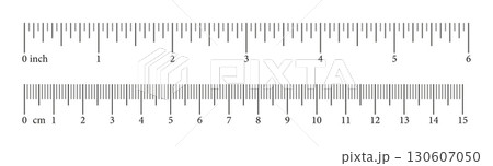 Set of scale with 6 inch, 15 centimeter with markup and numbers. Measuring charts of metric, imperial units. Collection of distance, height, length measurement tool templates. Sewing tool. Vector. 130607050