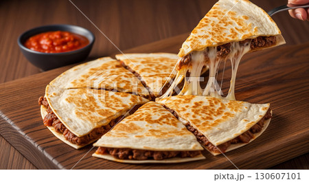 Cheesy Beef Quesadilla Slice Pulled with Melted Cheese Cheesy Beef Quesadilla Slice Pulled with Melted Cheese 130607101