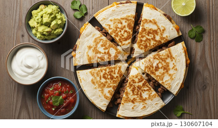 Beef Quesadilla with Dipping Sauces on Wooden Table Beef Quesadilla with Dipping Sauces on Wooden Table 130607104