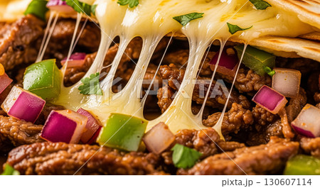 Extreme Close Up of Beef Quesadilla with Cheese and Vegetables 130607114