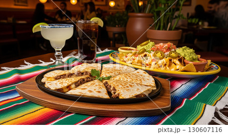 Mexican Beef Quesadilla with Nachos and Margarita 130607116