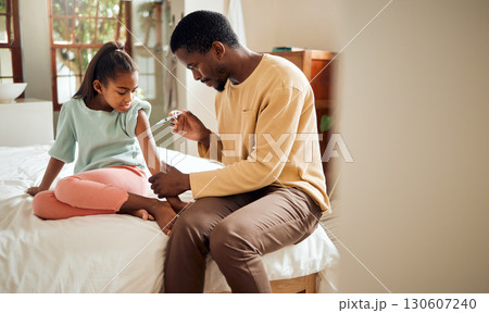 Girl, father and health vaccine in home bedroom for wellness. Love, black family and care of man with vaccination injection for kid or child against disease, virus or flu, cold or illness in house Girl, father and health vaccine in home bedroom for wellness. Love, black family and care of man with vaccination injection for kid or child against disease, virus or flu, cold or illness in house 130607240