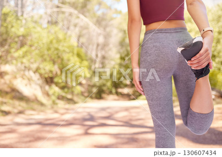 Fitness, running and woman stretching legs on nature trail for workout, marathon training and exercise outdoors. Sports, athlete and girl start warm up for cardio, wellness and healthy lifestyle Fitness, running and woman stretching legs on nature trail for workout, marathon training and exercise outdoors. Sports, athlete and girl start warm up for cardio, wellness and healthy lifestyle 130607434