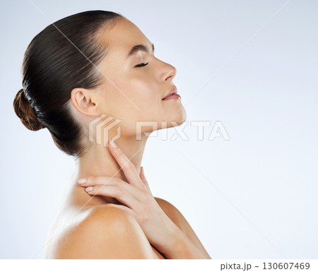Face, woman profile and eyes closed with skin, content with skincare and beauty facial isolated on studio background. Cosmetic care, manicure and dermatology wellness with natural cosmetics mockup 130607469