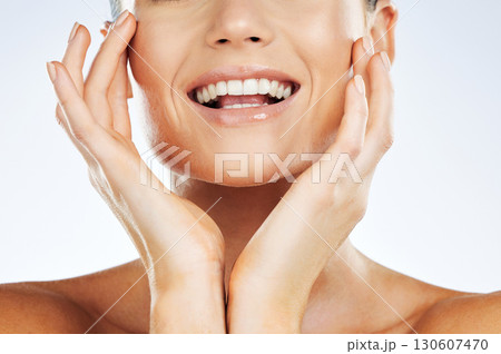 Woman, hands and teeth wellness closeup dental hygiene, cosmetics oral care and luxury beauty. Model, facial happiness and clean tooth healthcare or dentist veneers whitening in white background 130607470