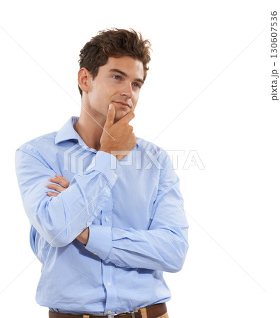 Young business man thinking, isolated on a white background contemplating career, job or work decision. Wonder, contemplating and professional person or model for ideas or inspiration in studio 130607536