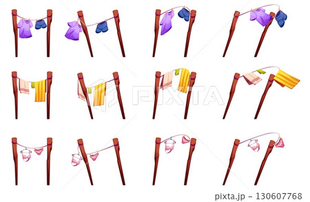 Cartoon clotheslines with colorful laundry 130607768