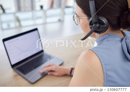 Call center, customer support and woman with laptop in office for networking, communication and crm. Telemarketing, computer and female worker with microphone for client help, service and consulting 130607777
