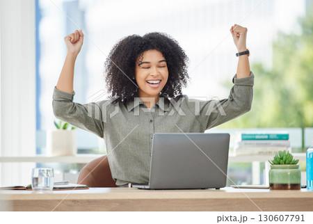 Wow, success and excited black woman with laptop reading email with news of bonus, promotion or winning announcement. Happy, sales target prize and winner employee celebrating on office with smile. Wow, success and excited black woman with laptop reading email with news of bonus, promotion or winning announcement. Happy, sales target prize and winner employee celebrating on office with smile. 130607791