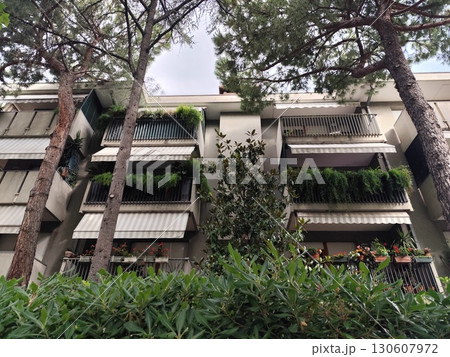 Greening of balconies. Flowers and plants in pots. Mini garden on an open balcony of an apartment building. Greening of balconies. Flowers and plants in pots. Mini garden on an open balcony of an apartment building. 130607972
