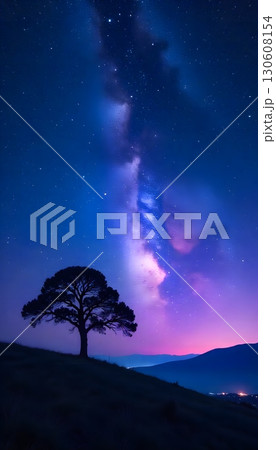 Majestic Nightscape: Solitary Tree Under Vibrant Milky Way Galaxy 130608154