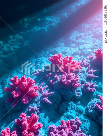 Vibrant pink and purple coral formations on a teal ocean floor illuminated by sunlight Vibrant pink and purple coral formations on a teal ocean floor illuminated by sunlight 130608196