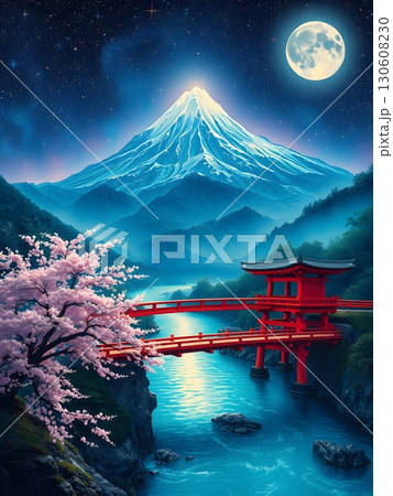 Night scene Mount Fuji cherry blossoms red bridge and full moon Japan sakura 130608230