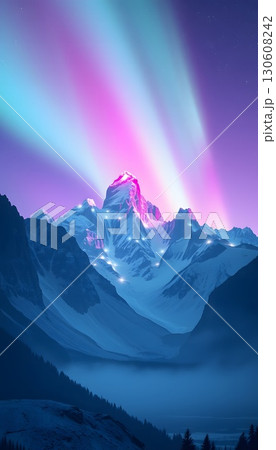Snowy mountain peak under a vibrant aurora borealis display Night scene with illuminated snow 130608242