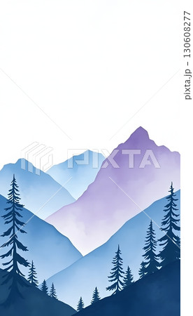 Serene mountain range landscape with watercolor effect and evergreen trees. Serene mountain range landscape with watercolor effect and evergreen trees. 130608277
