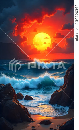 Fiery sunset over a turbulent ocean with rocky coastline scene 130608363