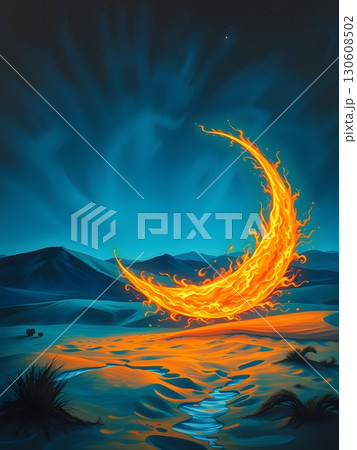 Fiery Crescent Moon over Desert Landscape at Night, Fantasy Concept Art 130608502