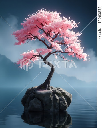 Serene cherry blossom tree flourishing on a small rock island in the sea. Serene cherry blossom tree flourishing on a small rock island in the sea. 130608534