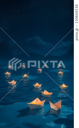 Serene voyage of glowing paper boats on tranquil, starry waters. 130608536