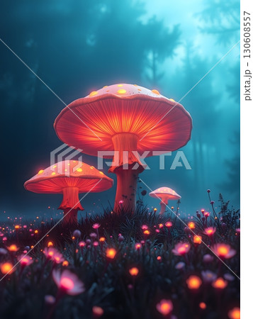 Enchanted Glowing Mushrooms in a Mystical Forest Landscape at Twilight 130608557