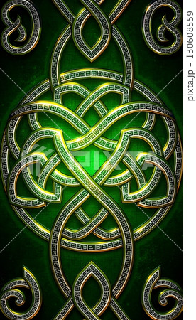 Intricate Celtic Knot Design: A Green and Gold Artistic Intertwining 130608559