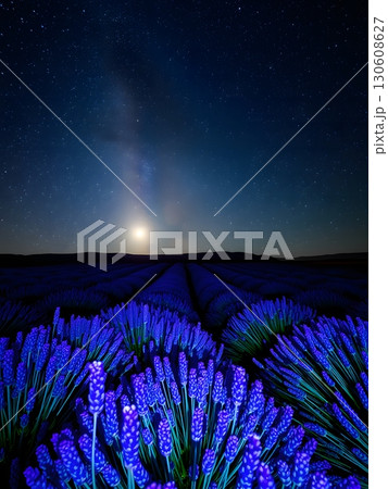 Lavender Field Illuminated by Moonlight and the Milky Way Galaxy 130608627