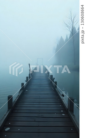 A wooden pier stretches into a misty lake surrounded by trees shrouded in heavy atmospheric fog mobile wallpaper 130608664