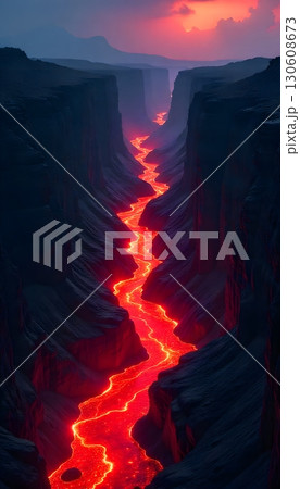 A glowing river of lava flowing through a dark canyon under a colorful sky at sunset or sunrise mobile wallpaper 130608673