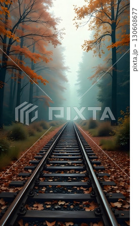 Railroad tracks stretching through an autumn forest with fog in the distance and fallen leaves abound mobile wallpaper 130608677