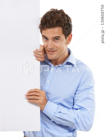 Portrait, business man and mockup board in studio, isolated white background and promotion announcement. Worker, model and advertising blank poster, sign and space for news, branding and information 130608750