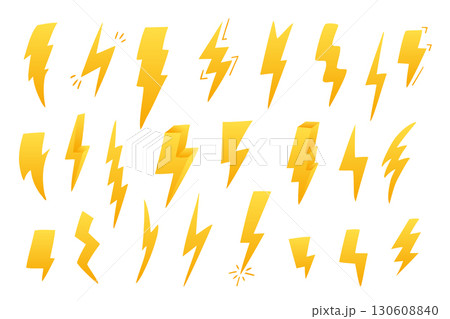 Yellow lightning bolt icons in various shapes on white background 130608840