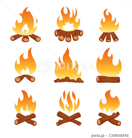 Collection of cartoon campfire icons with flames and wooden logs Collection of cartoon campfire icons with flames and wooden logs 130608848