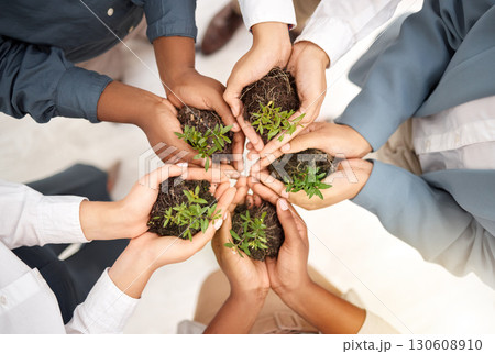 Teamwork, environment and plant with hands of business people from top view for sustainability, earth day or growth. Wellness, support and soil with group for climate change, future and eco friendly Teamwork, environment and plant with hands of business people from top view for sustainability, earth day or growth. Wellness, support and soil with group for climate change, future and eco friendly 130608910