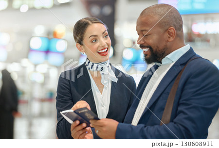 Airport woman, african businessman and passport inspection with compliance check, reading and international travel policy. Corporate black man, concierge or air hostess with comic smile for documents Airport woman, african businessman and passport inspection with compliance check, reading and international travel policy. Corporate black man, concierge or air hostess with comic smile for documents 130608911