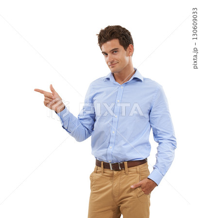 Mockup, space and portrait of man pointing his finger at product placement for marketing or advertising. Gesture, male and happy model presenting new deal isolated in studio on white background 130609033