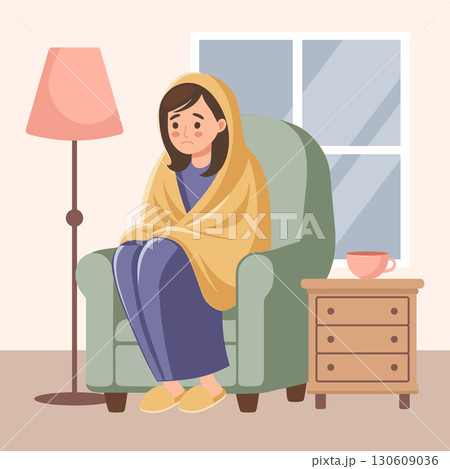 Unwell woman wrapped in blanket in a chair and drinking a hot drink. Concept of illness, sickness, cold, flu, fever. Illustration. 130609036