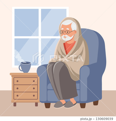 Unwell senior man wrapped in blanket in a chair and drinking a hot drink. Concept of illness, sickness, cold, flu, fever. Illustration. 130609039