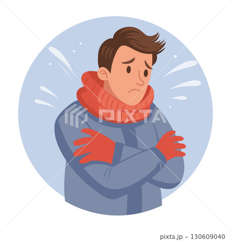 Man feels cold. Person in jacket and scarf is freezing from cold. Illustration. 130609040