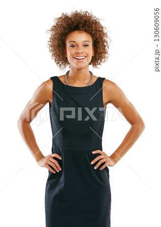 Happy, leader and portrait of business black woman with afro in elegant, corporate and professional fashion of people. Feminine worker style of confident person at isolated studio white background. Happy, leader and portrait of business black woman with afro in elegant, corporate and professional fashion of people. Feminine worker style of confident person at isolated studio white background. 130609056