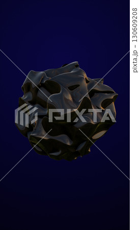 Abstract black glossy object with fluid shapes on a dark blue background, resembling a futuristic sculpture 130609208
