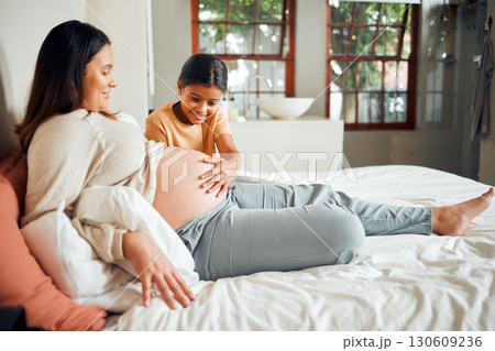 Relax, pregnant and family woman on bed with excited, happy and joyful smile of curious child. Indian girl with mother and young kid waiting for baby sibling bonding together in home bedroom. Relax, pregnant and family woman on bed with excited, happy and joyful smile of curious child. Indian girl with mother and young kid waiting for baby sibling bonding together in home bedroom. 130609236