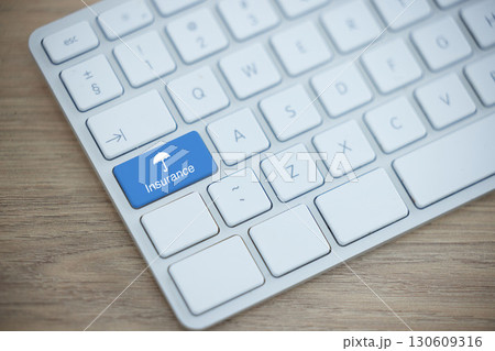 Keyboard, insurance button and computer for security of house, life and car on table. Pc, desk and ecommerce for planning, safety and future with technology, policy or cashback for emergency event 130609316