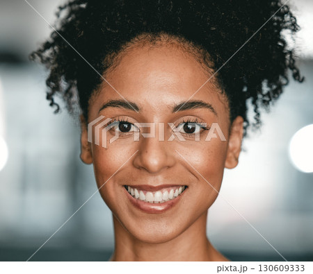 Black woman, face portrait and smile while happy with white teeth, makeup and cosmetics or natural beauty. Confident and strong African american person with healthy glow on skin and positive mindset Black woman, face portrait and smile while happy with white teeth, makeup and cosmetics or natural beauty. Confident and strong African american person with healthy glow on skin and positive mindset 130609333