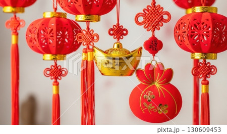 Traditional chinese new year hanging decorations: red lanterns and golden sycee 130609453