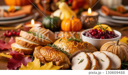 Festive thanksgiving feast with roasted turkey, cranberry sauce, and autumn decorations Festive thanksgiving feast with roasted turkey, cranberry sauce, and autumn decorations 130609488