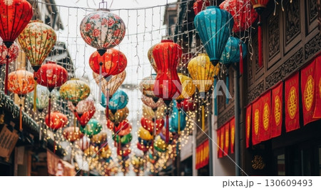 Vibrant multicolored lanterns adorning a lively street market during a cultural festival Vibrant multicolored lanterns adorning a lively street market during a cultural festival 130609493