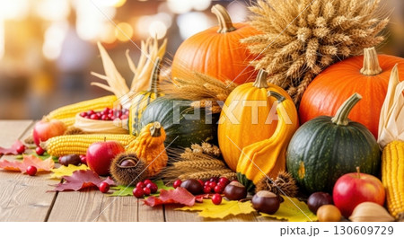Autumn harvest display featuring pumpkins, wheat, and fall produce on rustic wood table 130609729